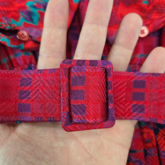 Vintage 80s Halston III Silk Floral Plaid Dress Red Pink Teal Belted Midi Size 4 - Picture 6 of 16